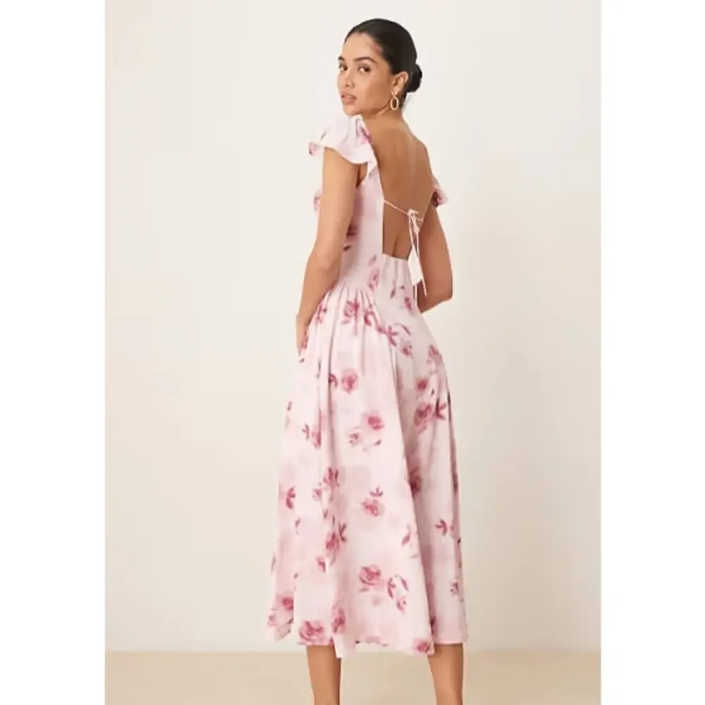 Abercrombie & Fitch Pink Floral Flutter Sleeve Dipped Waist Maxi Dress Size MP